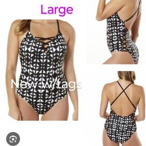 NWT Time and Tru One Piece Swimsuit Black and White Lattice strap design L 12/14